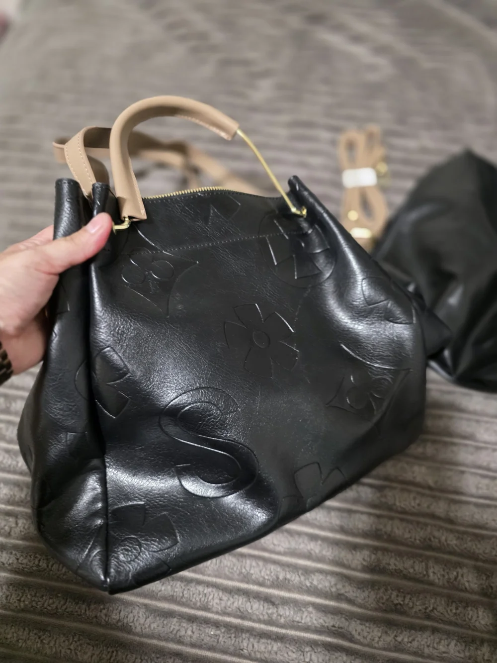Black Tote Handbag with Beige Straps